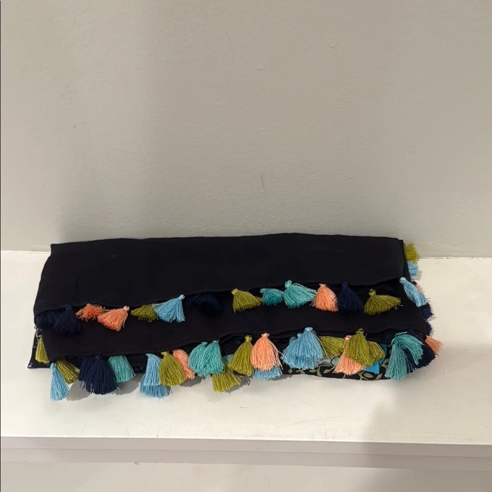 Floral Blue Scarf with Colorful Tassel Accents